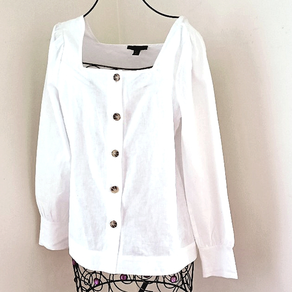 NEW SAKS FIFTH AVENUE Exclusivity Linen Blend Blouse Shirt Squareneck sz S White - Picture 7 of 15
